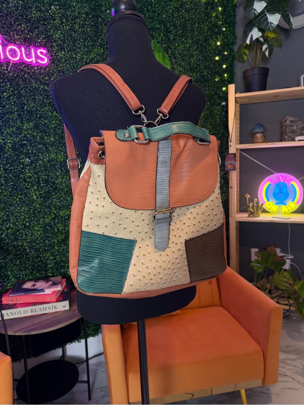 Multi-Color Textured Leather Backpack - Tan, Cream & Green